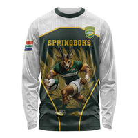 South Africa Rugby Personalised Long Sleeve Shirt Springboks Mascot With King Protea - African Pattern - Wonder Print Shop