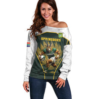 South Africa Rugby Personalised Off Shoulder Sweater Springboks Mascot With King Protea - African Pattern - Wonder Print Shop