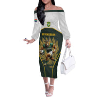 South Africa Rugby Personalised Off The Shoulder Long Sleeve Dress Springboks Mascot With King Protea - African Pattern - Wonder Print Shop