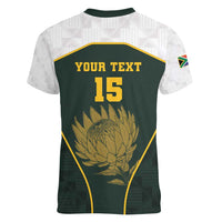 South Africa Rugby Personalised Women V-Neck T-Shirt Springboks Mascot With King Protea - African Pattern - Wonder Print Shop