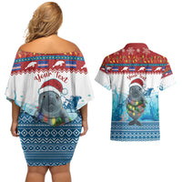 Personalised Cape Verde Christmas Couples Matching Off Shoulder Short Dress and Hawaiian Shirt Manatee Feliz Natal - Wonder Print Shop