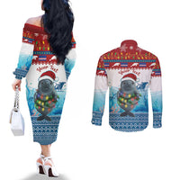 Personalised Cape Verde Christmas Couples Matching Off The Shoulder Long Sleeve Dress and Long Sleeve Button Shirt Manatee Feliz Natal