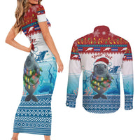 Personalised Cape Verde Christmas Couples Matching Short Sleeve Bodycon Dress and Long Sleeve Button Shirt Manatee Feliz Natal - Wonder Print Shop