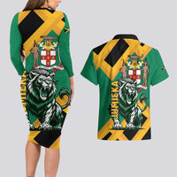 Jamaica Lion Couples Matching Long Sleeve Bodycon Dress and Hawaiian Shirt Coat Of Arms - Sporty Style