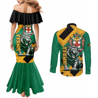 Jamaica Lion Couples Matching Mermaid Dress and Long Sleeve Button Shirt Coat Of Arms - Sporty Style