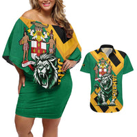 Jamaica Lion Couples Matching Off Shoulder Short Dress and Hawaiian Shirt Coat Of Arms - Sporty Style