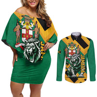 Jamaica Lion Couples Matching Off Shoulder Short Dress and Long Sleeve Button Shirt Coat Of Arms - Sporty Style