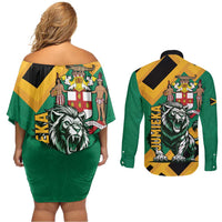 Jamaica Lion Couples Matching Off Shoulder Short Dress and Long Sleeve Button Shirt Coat Of Arms - Sporty Style