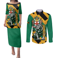 Jamaica Lion Couples Matching Puletasi and Long Sleeve Button Shirt Coat Of Arms - Sporty Style