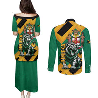 Jamaica Lion Couples Matching Puletasi and Long Sleeve Button Shirt Coat Of Arms - Sporty Style