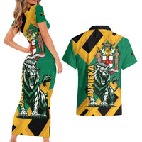 Jamaica Lion Couples Matching Short Sleeve Bodycon Dress and Hawaiian Shirt Coat Of Arms - Sporty Style