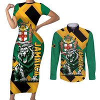 Jamaica Lion Couples Matching Short Sleeve Bodycon Dress and Long Sleeve Button Shirt Coat Of Arms - Sporty Style