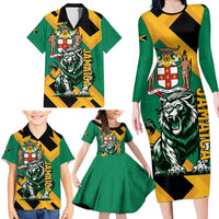 Jamaica Lion Family Matching Long Sleeve Bodycon Dress and Hawaiian Shirt Coat Of Arms - Sporty Style