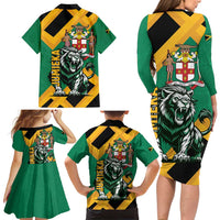 Jamaica Lion Family Matching Long Sleeve Bodycon Dress and Hawaiian Shirt Coat Of Arms - Sporty Style