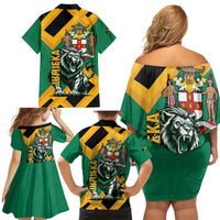 Jamaica Lion Family Matching Off Shoulder Short Dress and Hawaiian Shirt Coat Of Arms - Sporty Style