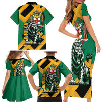 Jamaica Lion Family Matching Short Sleeve Bodycon Dress and Hawaiian Shirt Coat Of Arms - Sporty Style