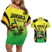 Custom Jamaica Football Couples Matching Off Shoulder Short Dress and Hawaiian Shirt Go Reggae Boyz