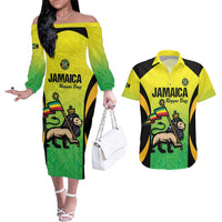 Custom Jamaica Football Couples Matching Off The Shoulder Long Sleeve Dress and Hawaiian Shirt Go Reggae Boyz