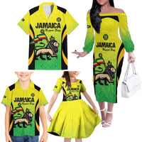 Custom Jamaica Football Family Matching Off The Shoulder Long Sleeve Dress and Hawaiian Shirt Go Reggae Boyz