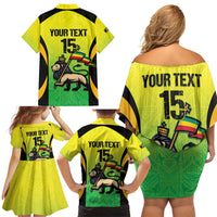 Custom Jamaica Football Family Matching Off Shoulder Short Dress and Hawaiian Shirt Go Reggae Boyz
