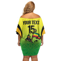Custom Jamaica Football Family Matching Off Shoulder Short Dress and Hawaiian Shirt Go Reggae Boyz