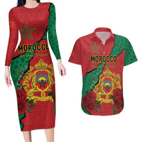 Personalised Morocco Couples Matching Long Sleeve Bodycon Dress and Hawaiian Shirt Coat Of Arms With Rose