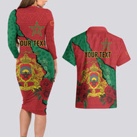 Personalised Morocco Couples Matching Long Sleeve Bodycon Dress and Hawaiian Shirt Coat Of Arms With Rose