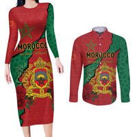 Personalised Morocco Couples Matching Long Sleeve Bodycon Dress and Long Sleeve Button Shirt Coat Of Arms With Rose