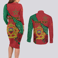 Personalised Morocco Couples Matching Long Sleeve Bodycon Dress and Long Sleeve Button Shirt Coat Of Arms With Rose
