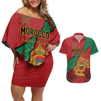 Personalised Morocco Couples Matching Off Shoulder Short Dress and Hawaiian Shirt Coat Of Arms With Rose