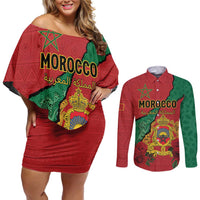 Personalised Morocco Couples Matching Off Shoulder Short Dress and Long Sleeve Button Shirt Coat Of Arms With Rose