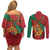 Personalised Morocco Couples Matching Off Shoulder Short Dress and Long Sleeve Button Shirt Coat Of Arms With Rose