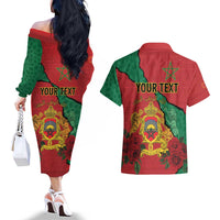 Personalised Morocco Couples Matching Off The Shoulder Long Sleeve Dress and Hawaiian Shirt Coat Of Arms With Rose