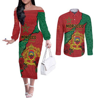 Personalised Morocco Couples Matching Off The Shoulder Long Sleeve Dress and Long Sleeve Button Shirt Coat Of Arms With Rose