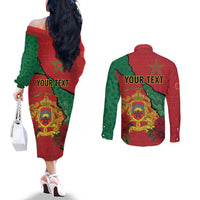 Personalised Morocco Couples Matching Off The Shoulder Long Sleeve Dress and Long Sleeve Button Shirt Coat Of Arms With Rose