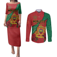 Personalised Morocco Couples Matching Puletasi and Long Sleeve Button Shirt Coat Of Arms With Rose