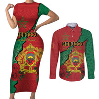 Personalised Morocco Couples Matching Short Sleeve Bodycon Dress and Long Sleeve Button Shirt Coat Of Arms With Rose