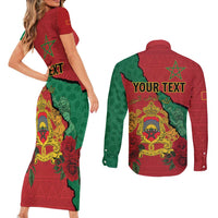 Personalised Morocco Couples Matching Short Sleeve Bodycon Dress and Long Sleeve Button Shirt Coat Of Arms With Rose