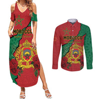 Personalised Morocco Couples Matching Summer Maxi Dress and Long Sleeve Button Shirt Coat Of Arms With Rose