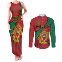 Personalised Morocco Couples Matching Tank Maxi Dress and Long Sleeve Button Shirt Coat Of Arms With Rose