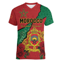 Personalised Morocco Women V-Neck T-Shirt Coat Of Arms With Rose