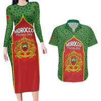 Personalized Morocco Throne Day Couples Matching Long Sleeve Bodycon Dress and Hawaiian Shirt King Lion Coat Of Arms
