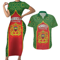 Personalized Morocco Throne Day Couples Matching Short Sleeve Bodycon Dress and Hawaiian Shirt King Lion Coat Of Arms