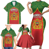 Personalized Morocco Throne Day Family Matching Short Sleeve Bodycon Dress and Hawaiian Shirt King Lion Coat Of Arms