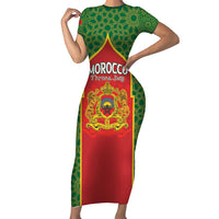 Personalized Morocco Throne Day Family Matching Short Sleeve Bodycon Dress and Hawaiian Shirt King Lion Coat Of Arms