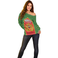Personalized Morocco Throne Day Off Shoulder Sweater King Lion Coat Of Arms