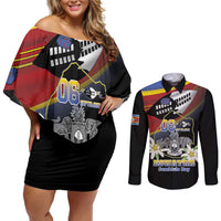 Personalized Eswatini Independece Day Couples Matching Off Shoulder Short Dress and Long Sleeve Button Shirt Coat Of Arms With Map - Wonder Print Shop