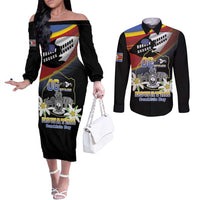 Personalized Eswatini Independece Day Couples Matching Off The Shoulder Long Sleeve Dress and Long Sleeve Button Shirt Coat Of Arms With Map - Wonder Print Shop