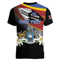 Personalized Eswatini Independece Day Women V-Neck T-Shirt Coat Of Arms With Map - Wonder Print Shop