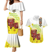 Ethiopian Enkutatash Couples Matching Mermaid Dress and Hawaiian Shirt Kebero Drum With Adey Abeba Flower - Wonder Print Shop